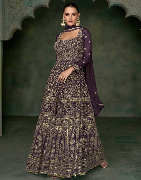 Traditional Function Wear Readymade Real Gerogette Suit Collection Purple Real Gerogette Gown Front View